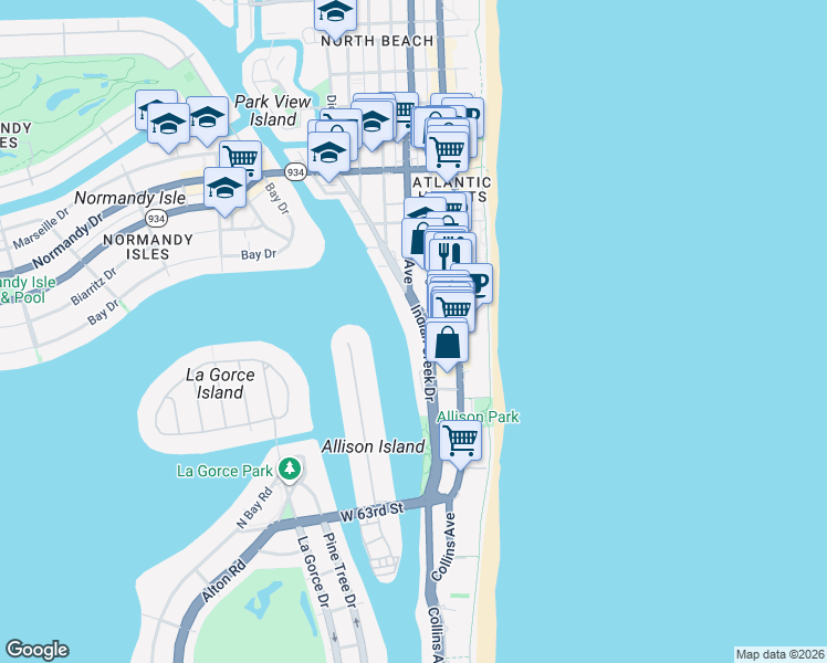map of restaurants, bars, coffee shops, grocery stores, and more near 6700 Indian Creek Drive in Miami Beach