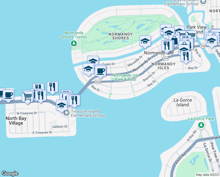 map of restaurants, bars, coffee shops, grocery stores, and more near 1930 71st Street in Miami Beach