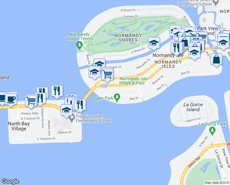 map of restaurants, bars, coffee shops, grocery stores, and more near 1930 71st Street in Miami Beach