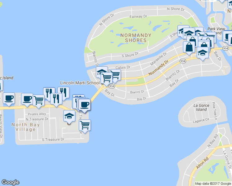 map of restaurants, bars, coffee shops, grocery stores, and more near 2000 Biarritz Drive in Miami