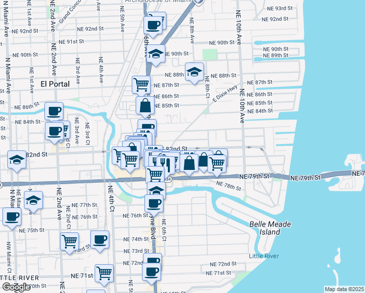 map of restaurants, bars, coffee shops, grocery stores, and more near 695 Northeast 82nd Terrace in Miami