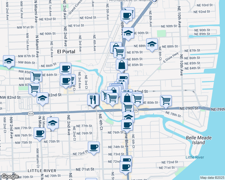 map of restaurants, bars, coffee shops, grocery stores, and more near 461 Northeast 82nd Terrace in Miami