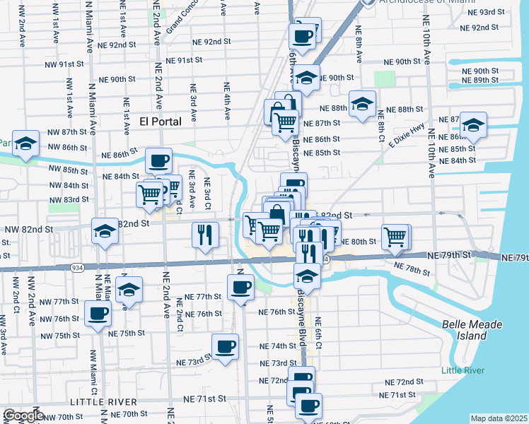 map of restaurants, bars, coffee shops, grocery stores, and more near 461 Northeast 82nd Terrace in Miami