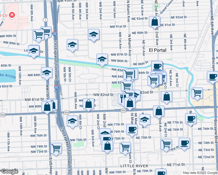 map of restaurants, bars, coffee shops, grocery stores, and more near 176 Northwest 83rd Street in Miami