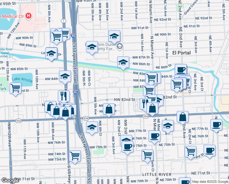 map of restaurants, bars, coffee shops, grocery stores, and more near 241 Northwest 83rd Street in Miami