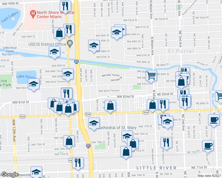 map of restaurants, bars, coffee shops, grocery stores, and more near in West Little River