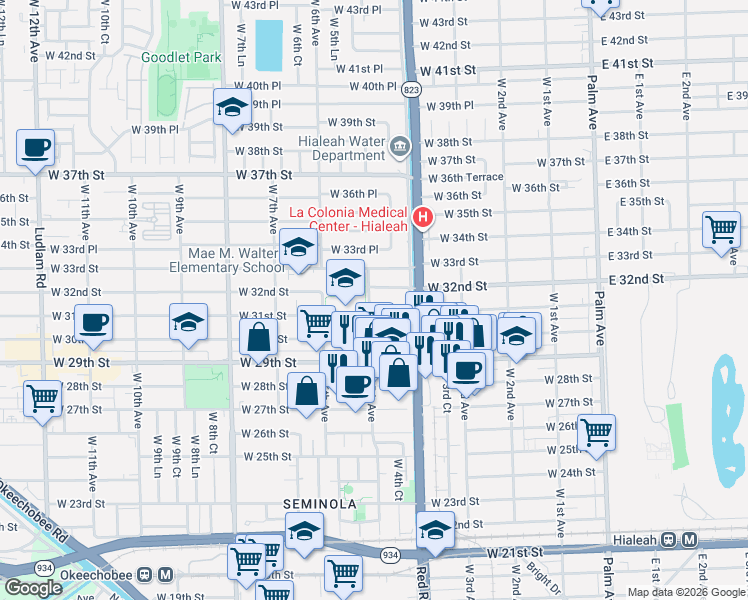 map of restaurants, bars, coffee shops, grocery stores, and more near 481 West 32nd Place in Hialeah