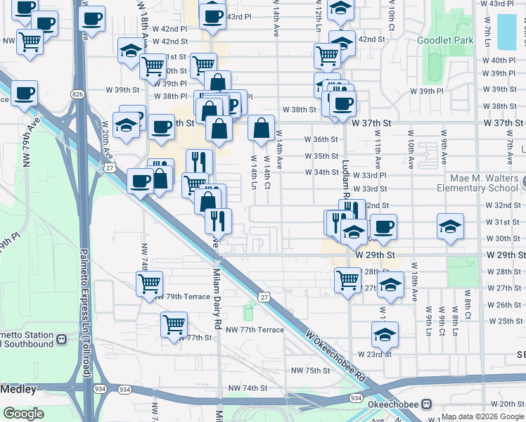 map of restaurants, bars, coffee shops, grocery stores, and more near 3224 West 14th Court in Hialeah