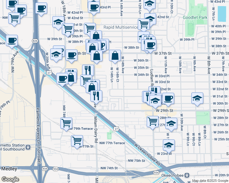 map of restaurants, bars, coffee shops, grocery stores, and more near 3224 West 14th Court in Hialeah