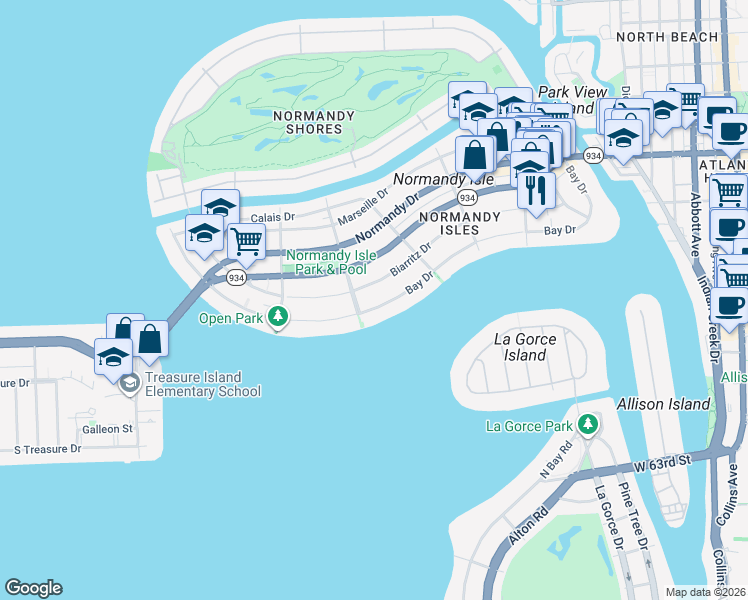 map of restaurants, bars, coffee shops, grocery stores, and more near 1610 Biarritz Drive in Miami Beach