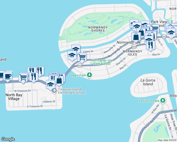 map of restaurants, bars, coffee shops, grocery stores, and more near 1930 71st Street in Miami Beach