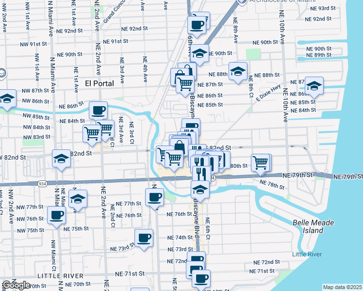 map of restaurants, bars, coffee shops, grocery stores, and more near 567 Northeast 82nd Terrace in Miami