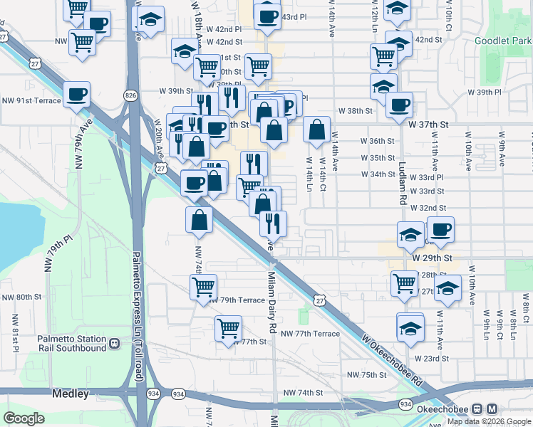 map of restaurants, bars, coffee shops, grocery stores, and more near 3210 West 16th Avenue in Hialeah