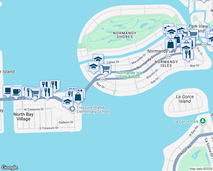 map of restaurants, bars, coffee shops, grocery stores, and more near 2000 Biarritz Drive in Miami