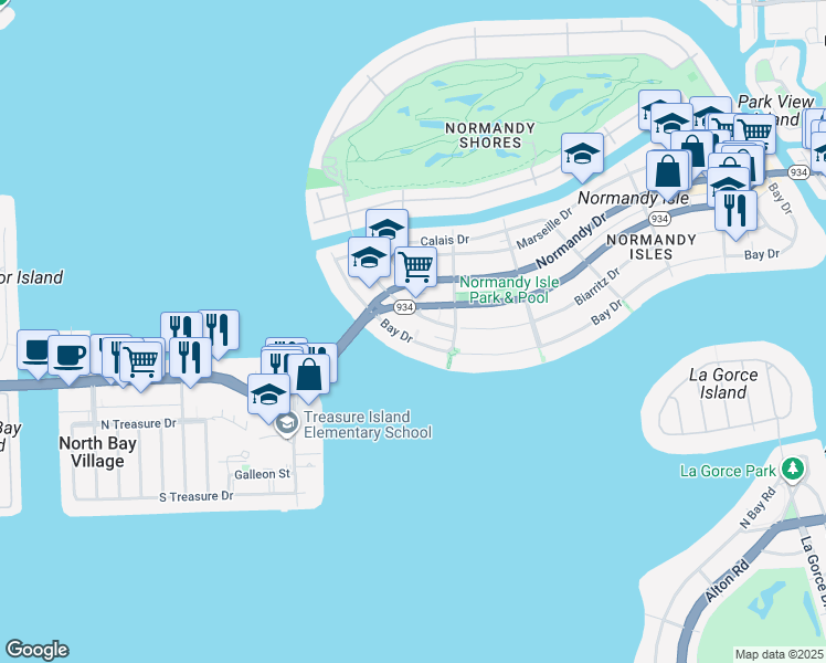 map of restaurants, bars, coffee shops, grocery stores, and more near 2000 Biarritz Drive in Miami