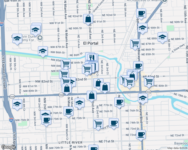 map of restaurants, bars, coffee shops, grocery stores, and more near 8235 Northeast 2nd Avenue in Miami