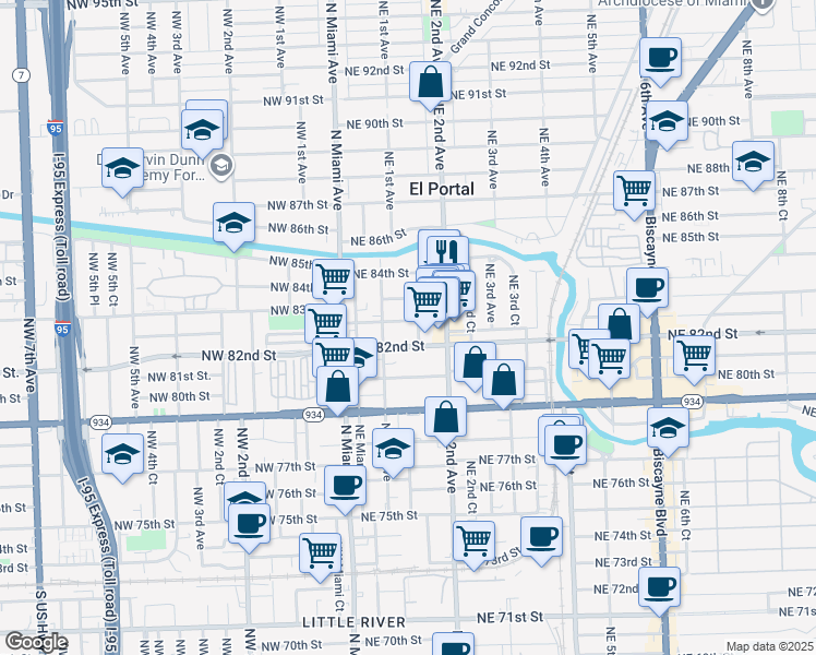 map of restaurants, bars, coffee shops, grocery stores, and more near 145 Northeast 82nd Terrace in Miami