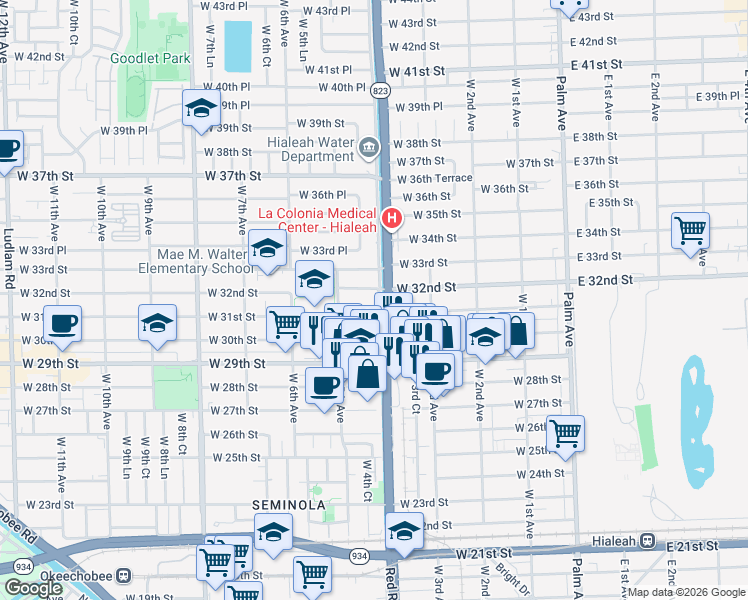 map of restaurants, bars, coffee shops, grocery stores, and more near 411 West 32nd Place in Hialeah