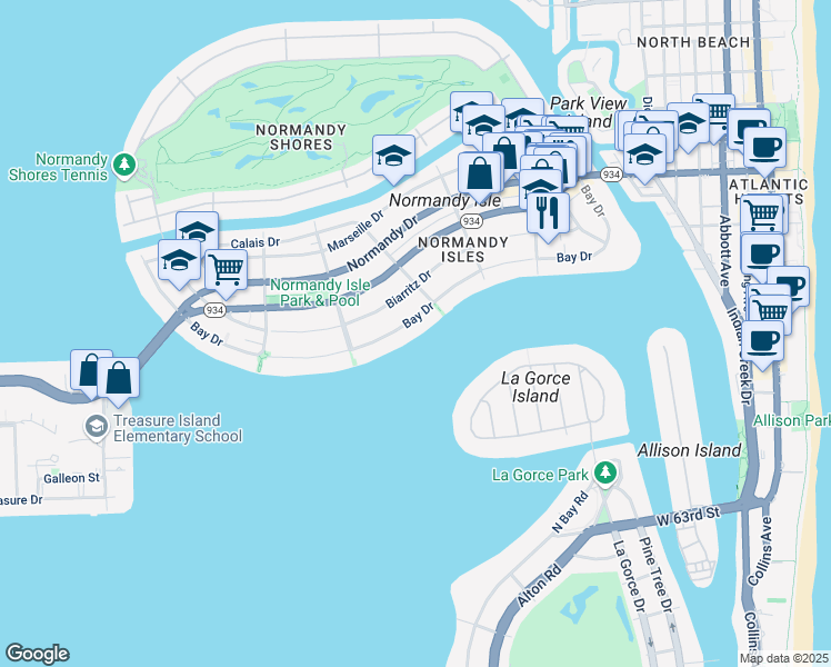 map of restaurants, bars, coffee shops, grocery stores, and more near 1553 Bay Drive in Miami Beach