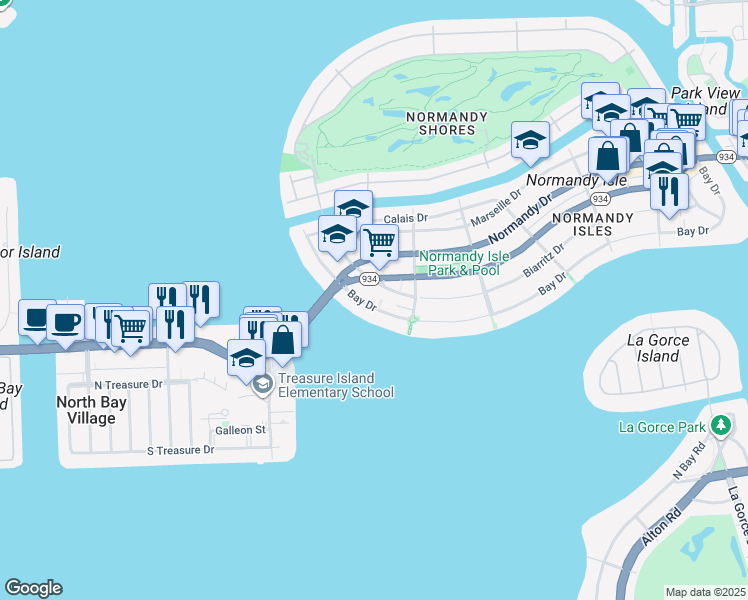 map of restaurants, bars, coffee shops, grocery stores, and more near 2000 Biarritz Drive in Miami