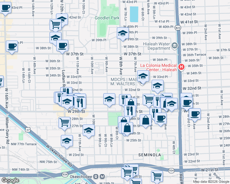 map of restaurants, bars, coffee shops, grocery stores, and more near 855 West 32nd Street in Hialeah