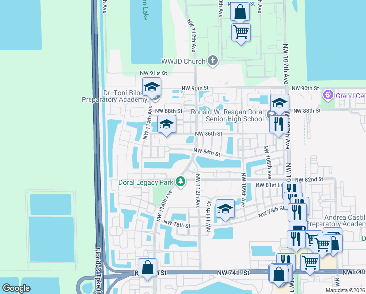 map of restaurants, bars, coffee shops, grocery stores, and more near 11250 Northwest 86th Street in Doral