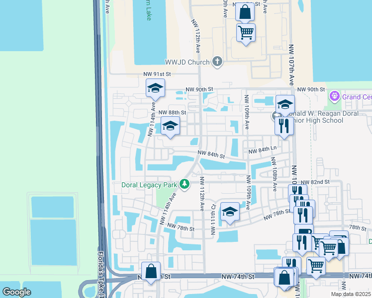 map of restaurants, bars, coffee shops, grocery stores, and more near 11250 Northwest 86th Street in Doral