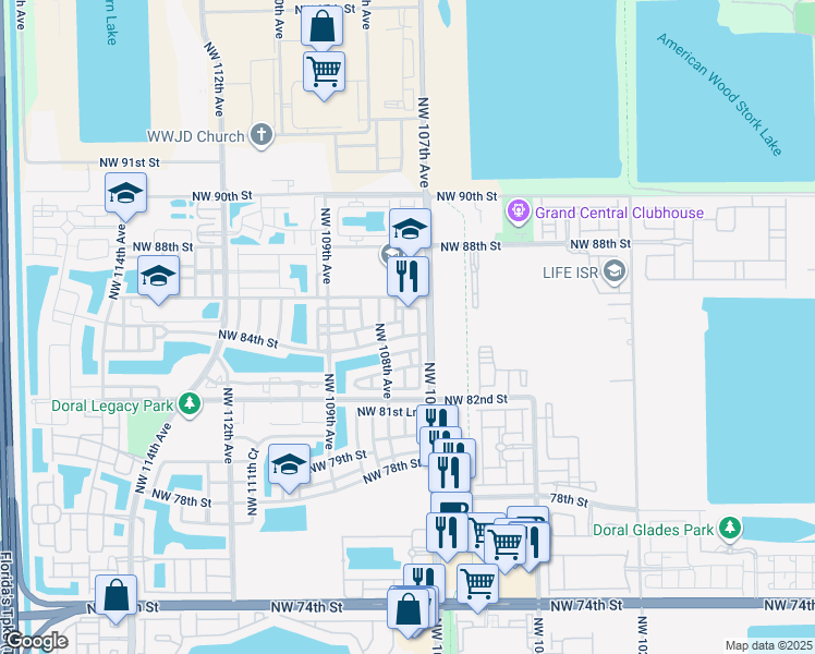 map of restaurants, bars, coffee shops, grocery stores, and more near 10754 Northwest 85th Terrace in Doral