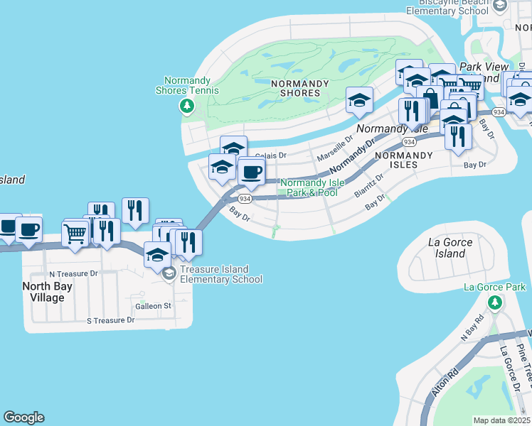 map of restaurants, bars, coffee shops, grocery stores, and more near 1930 71st Street in Miami Beach