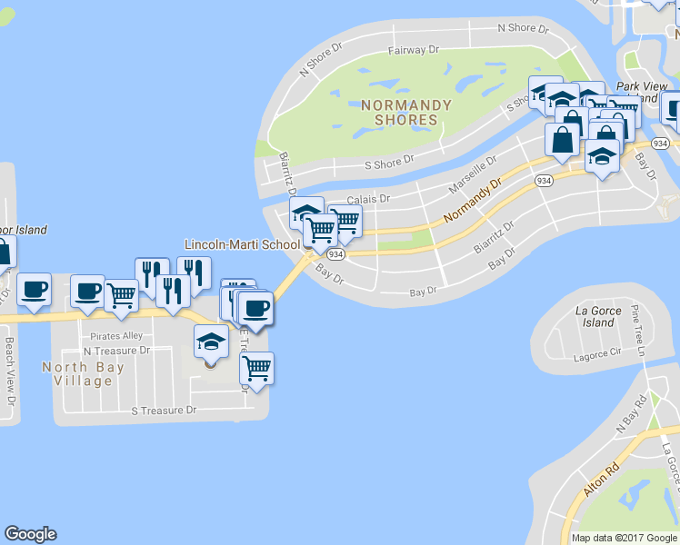map of restaurants, bars, coffee shops, grocery stores, and more near 2000 Biarritz Drive in Miami