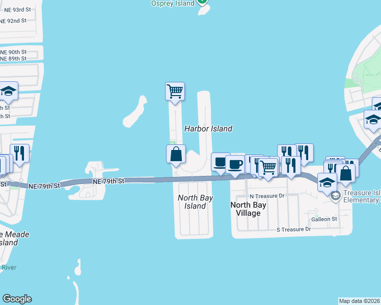 map of restaurants, bars, coffee shops, grocery stores, and more near 7914 Harbor Island Drive in North Bay Village