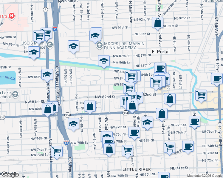 map of restaurants, bars, coffee shops, grocery stores, and more near 176 Northwest 83rd Street in Miami