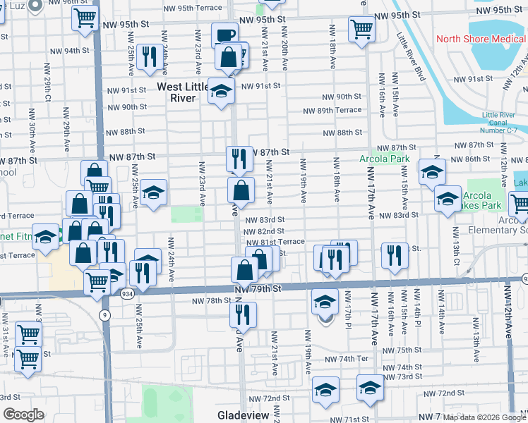 map of restaurants, bars, coffee shops, grocery stores, and more near 2110 Northwest 84th Street in Miami
