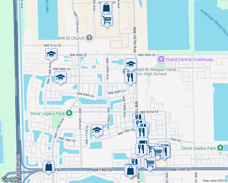 map of restaurants, bars, coffee shops, grocery stores, and more near 10892 Northwest 85th Terrace in Doral