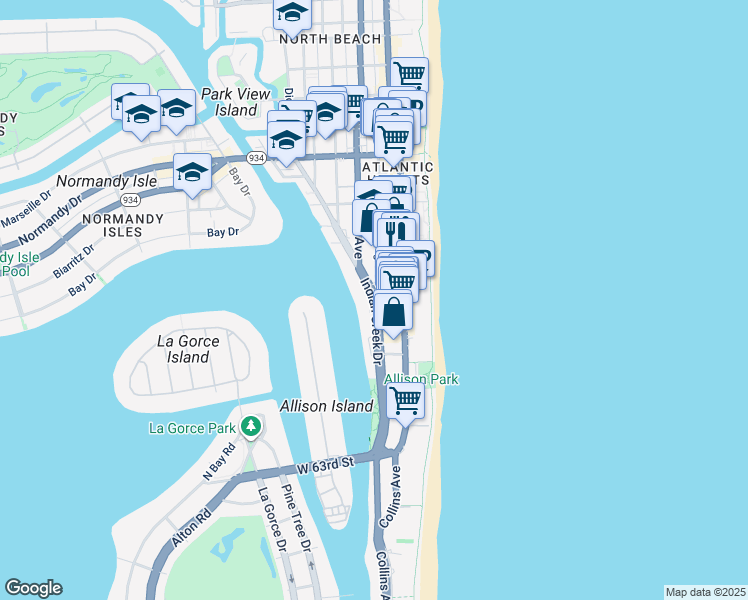 map of restaurants, bars, coffee shops, grocery stores, and more near Indian Creek Dr & 67th St in Miami Beach