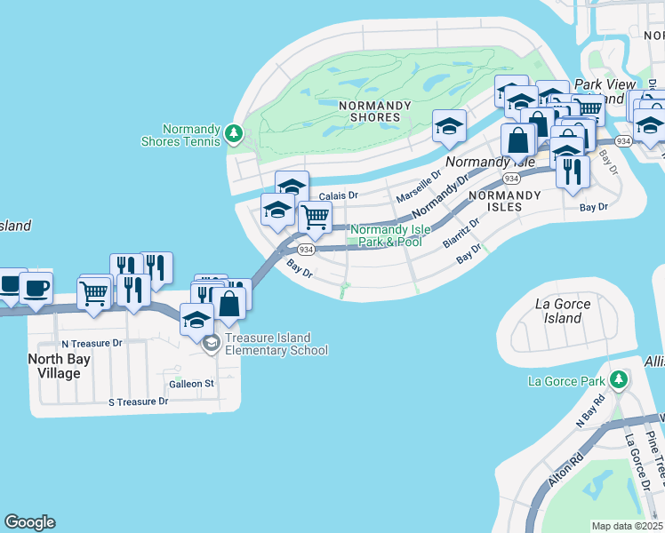 map of restaurants, bars, coffee shops, grocery stores, and more near 1930 71st Street in Miami Beach