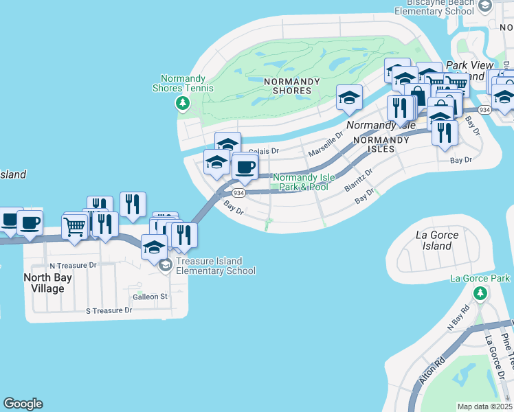 map of restaurants, bars, coffee shops, grocery stores, and more near 1940 Biarritz Drive in Miami Beach