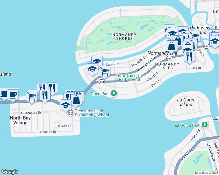 map of restaurants, bars, coffee shops, grocery stores, and more near 1940 Biarritz Drive in Miami Beach