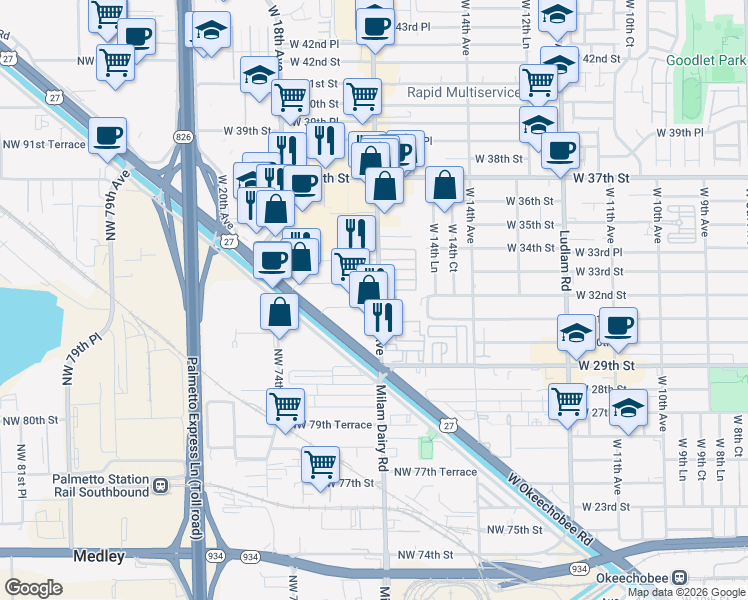 map of restaurants, bars, coffee shops, grocery stores, and more near 3210 West 16th Avenue in Hialeah