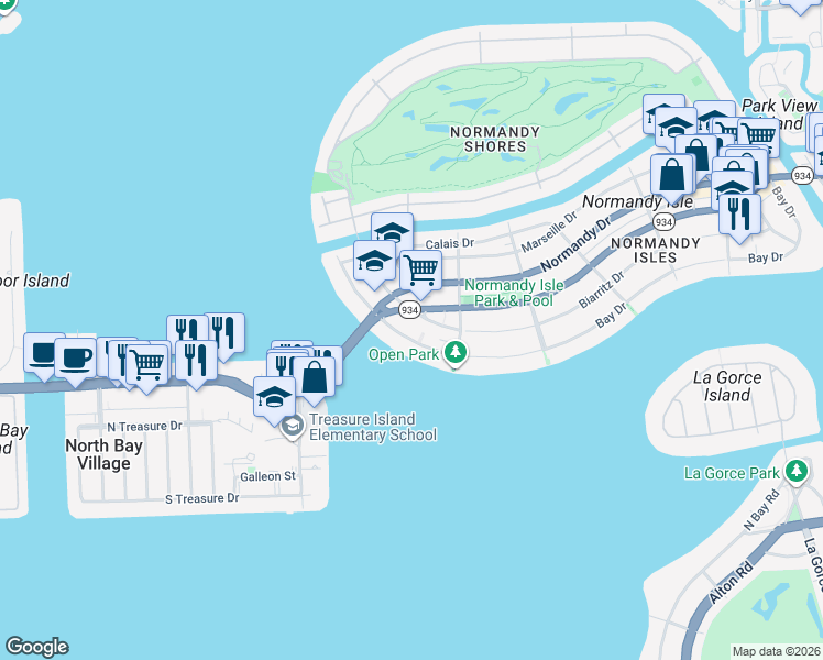 map of restaurants, bars, coffee shops, grocery stores, and more near 2000 Biarritz Drive in Miami