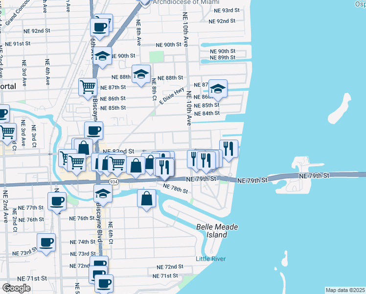 map of restaurants, bars, coffee shops, grocery stores, and more near 1000 Northeast 82nd Terrace in Miami