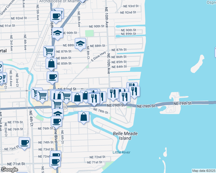 map of restaurants, bars, coffee shops, grocery stores, and more near 991 Northeast 82nd Street in Miami