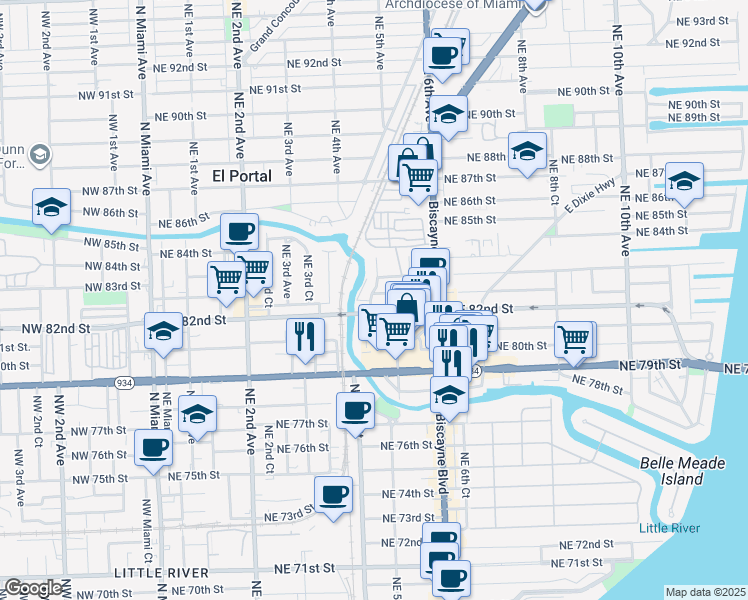 map of restaurants, bars, coffee shops, grocery stores, and more near 461 Northeast 82nd Terrace in Miami