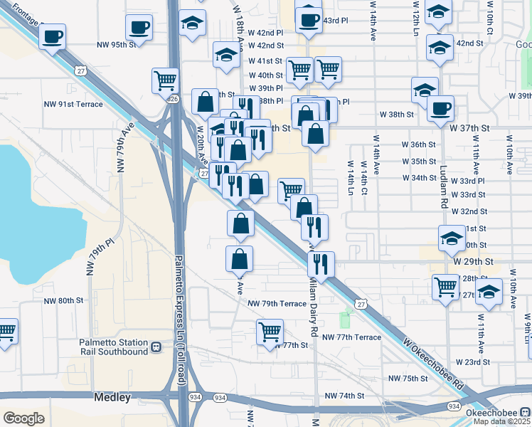map of restaurants, bars, coffee shops, grocery stores, and more near 1785 West 32nd Place in Hialeah