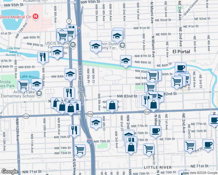 map of restaurants, bars, coffee shops, grocery stores, and more near in West Little River