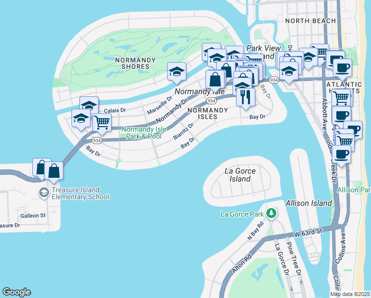 map of restaurants, bars, coffee shops, grocery stores, and more near 1553 Bay Drive in Miami Beach