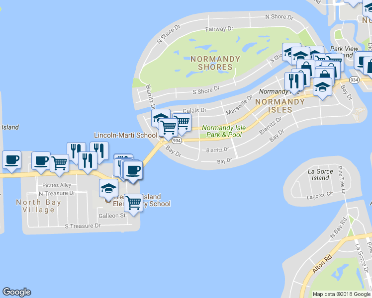 map of restaurants, bars, coffee shops, grocery stores, and more near 1930 71st Street in Miami Beach