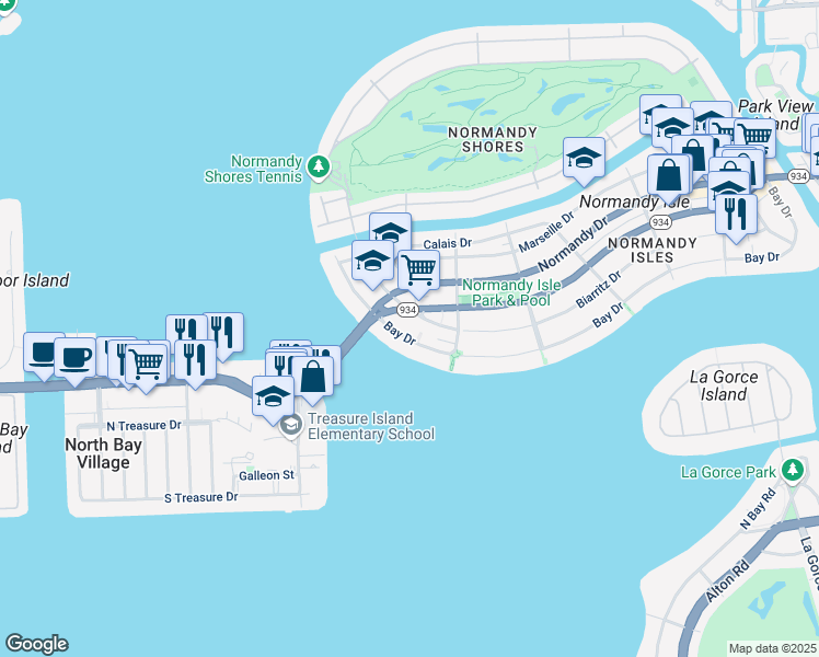map of restaurants, bars, coffee shops, grocery stores, and more near 2000 Biarritz Drive in Miami