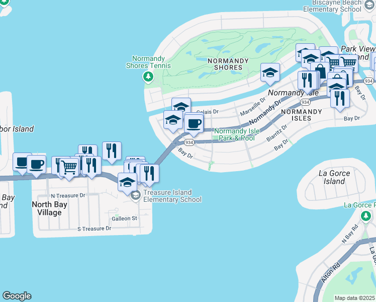 map of restaurants, bars, coffee shops, grocery stores, and more near 2000 Biarritz Drive in Miami
