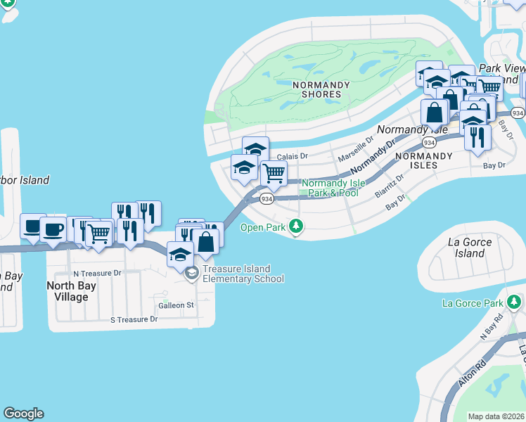 map of restaurants, bars, coffee shops, grocery stores, and more near 2000 Biarritz Drive in Miami